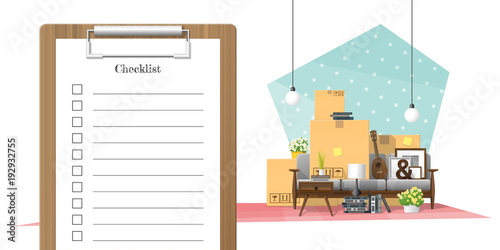 Moving home concept with survey clipboard and pile of furniture background , vector , illustration