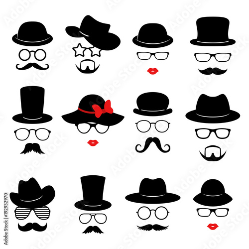 Man and woman faces. Photo props collections. Retro party set with glasses, mustache, beard, hats and lips. Vector photo