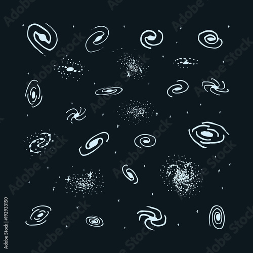 Vector set of hand drawn galaxy. Spiral galaxy, elliptical galaxy, lenticular and irregular nebula. Space sign