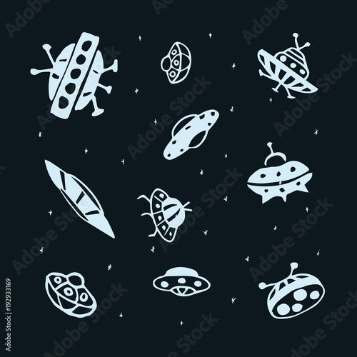 Vector set of hand drawing UFO Flying Saucer