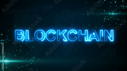 Abstract glowing digital text Blockchain with connecting dots and flares. 3D rendering