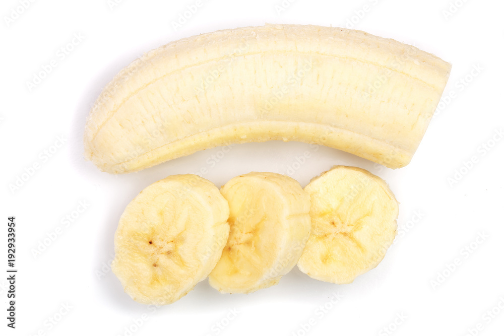 banana sliced isolated on white background. Top view. Flat lay banana sliced isolated on white background. Top view. Flat lay