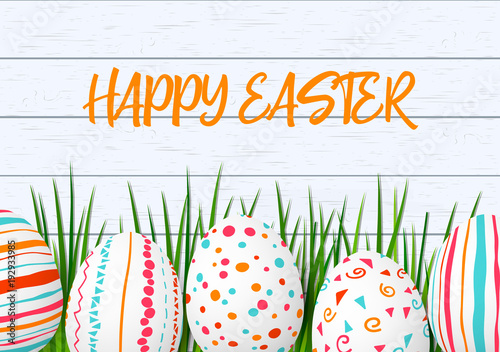 Happy Easter. Easter colorful eggs in row with different simple colorful ornaments. white wooden scandinavian