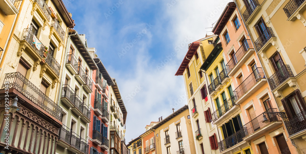 Panorama of colorful apartment buildings in the center of Pamplona