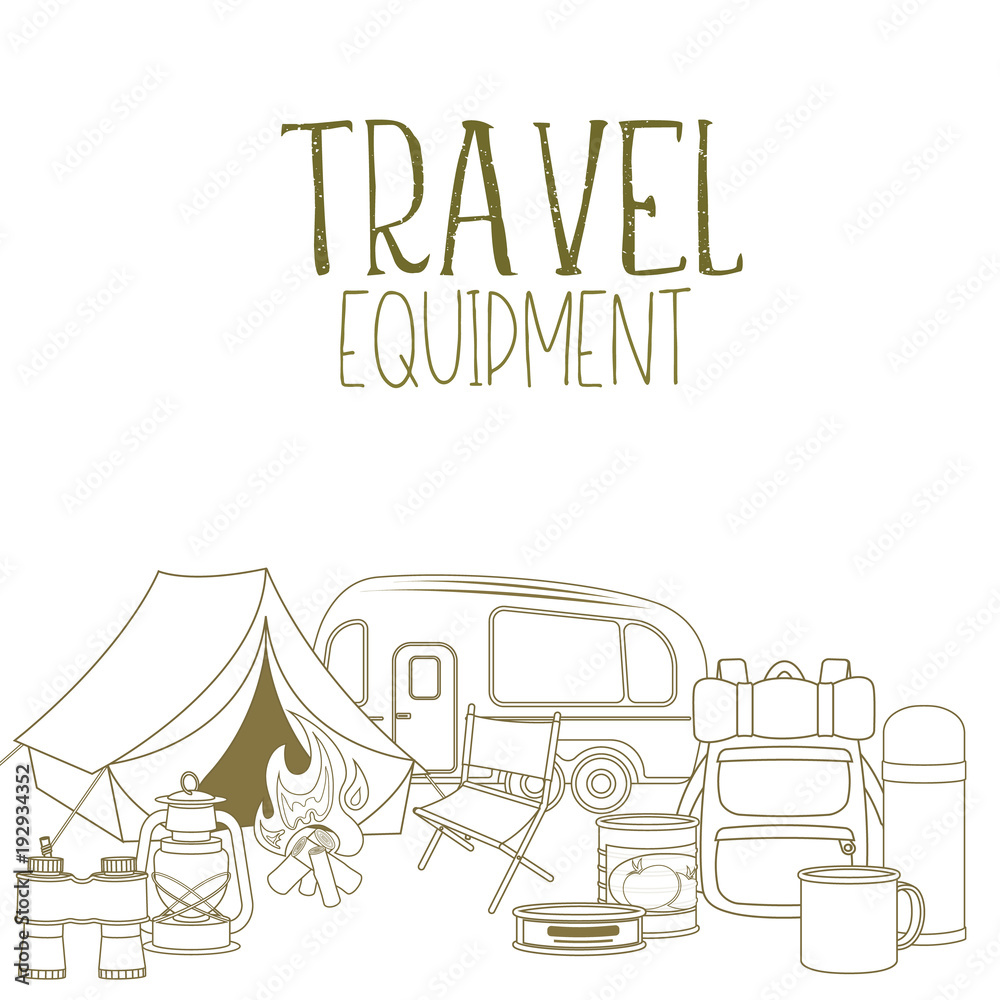 Set of travel equipment. Accessories for camping and camps. Line icons of camping and tourism equipment. Vector