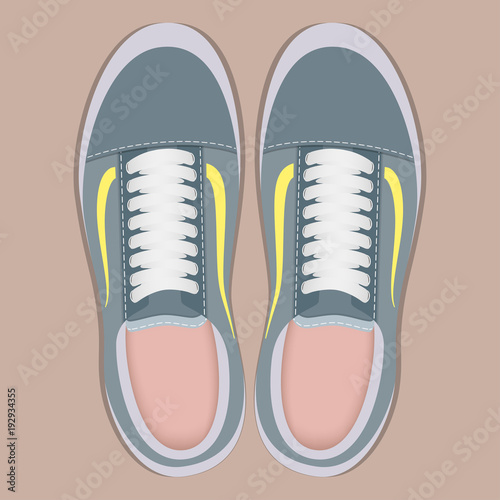 Pair of stylish sport sneakers, top view. Sport shoes for running. Vector illustration in flat style.