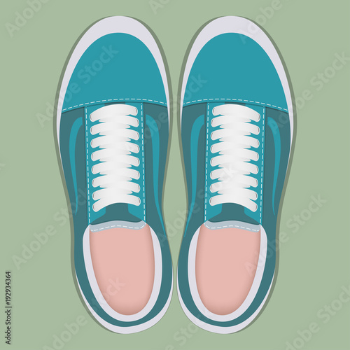 Pair of stylish sport sneakers, top view. Sport shoes for running. Vector illustration in flat style.