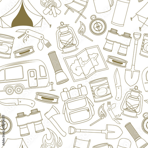 Seamless pattern of travel equipment. Accessories for camping and camps. Line icons of camping and tourism equipment. Vector
