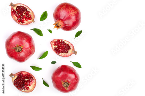 Fototapeta Naklejka Na Ścianę i Meble -  pomegranate with leaves isolated on white background with copy space for your text. Top view. Flat lay pattern