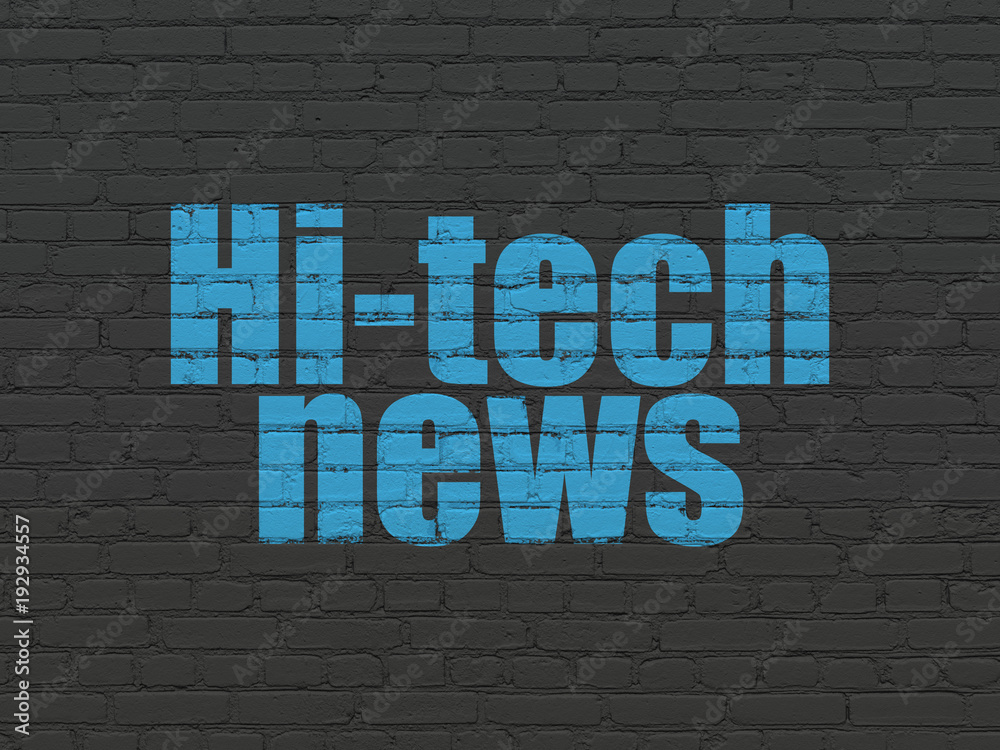 Fototapeta premium News concept: Painted blue text Hi-tech News on Black Brick wall background