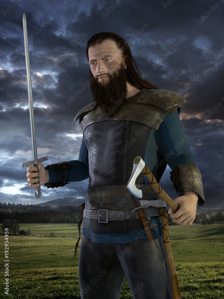 Viking warrior with axe on meadow