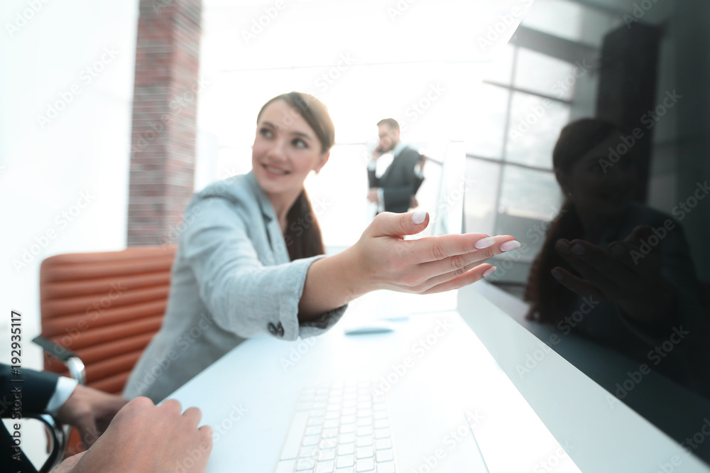 modern business woman talking with a client modern business woman talking with a client