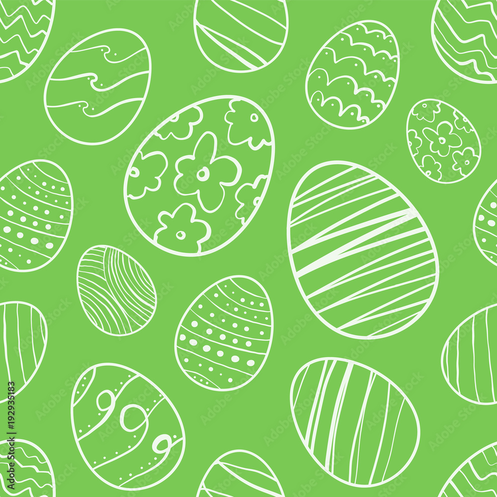 Vector illustration: Green Seamless pattern of Hand drawn Easter eggs. Sketch line doodle design.
