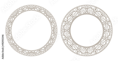 Set contour illustrations of stained glass with floral framework,dark outline on white background