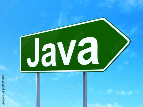 Programming concept: Java on green road highway sign, clear blue sky background, 3D rendering