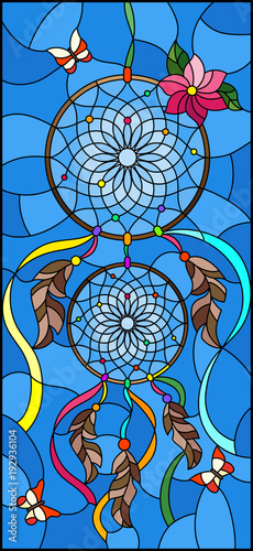 Illustration in stained glass style with dream catcher and butterflies on sky background