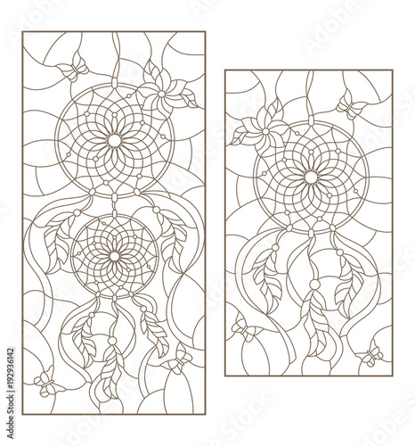 Set of outline illustrations of stained glass Windows with dream catchers and butterflies, dark outline on white background