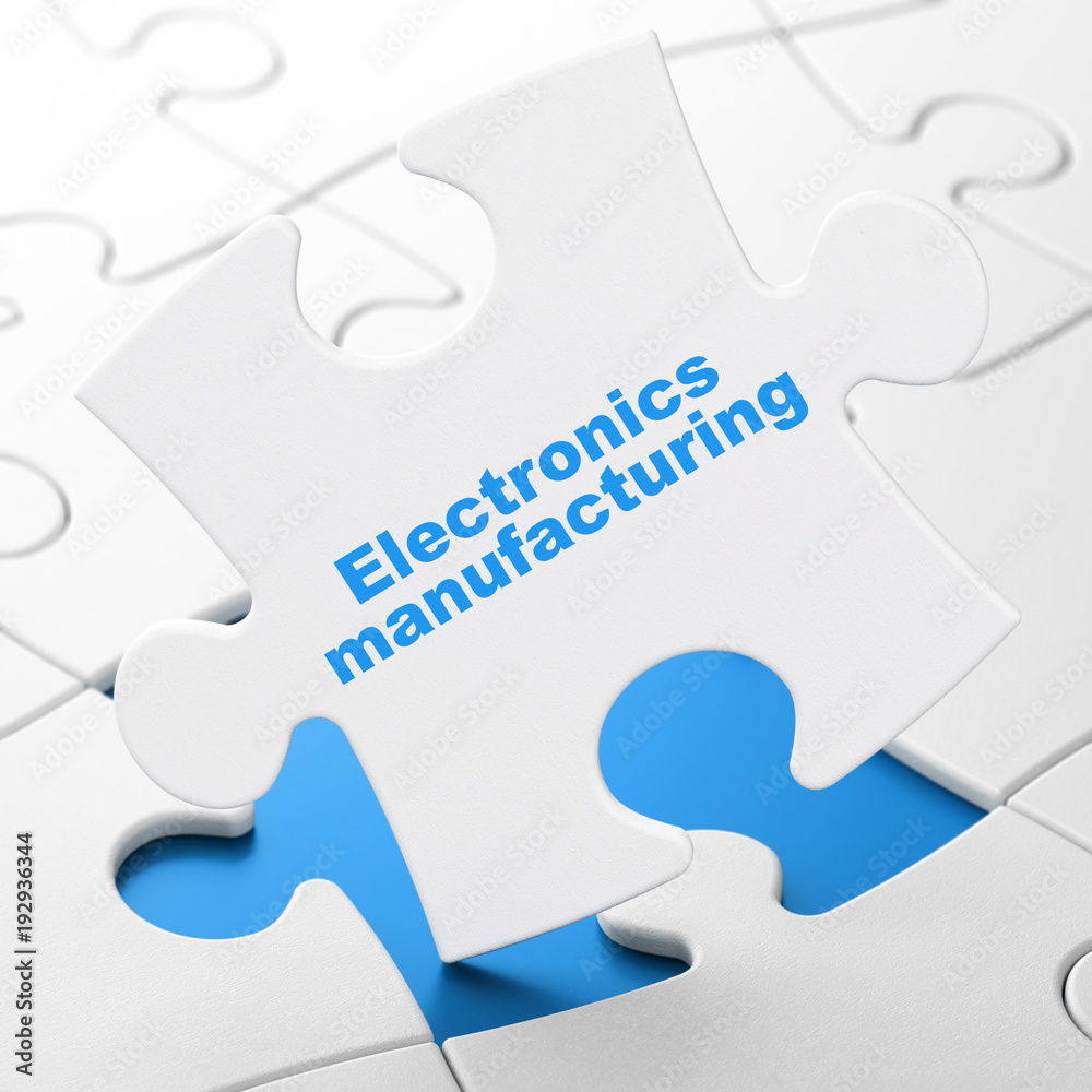 Manufacuring concept: Electronics Manufacturing on White puzzle pieces background, 3D rendering Manufacuring concept: Electronics Manufacturing on White puzzle pieces background, 3D rendering