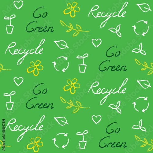 Ecology seamless pattern with recycling symbol and text