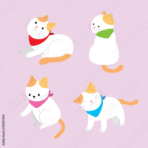Fototapeta Naklejka Na Ścianę i Meble -  Cartoon cute actions orange and white cat vector. Purple background.