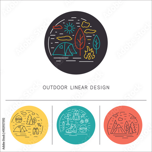 Set of linear vector landscapes. Circle logo design elements. Line vector illustration. Outdoor, travel, adventure concept. photo