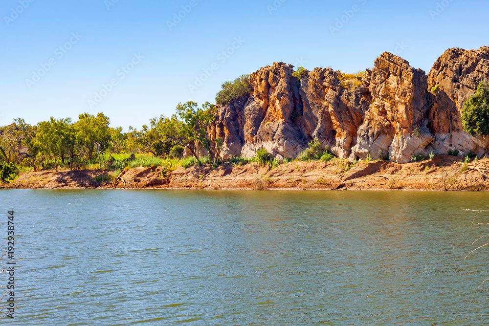Katherine River, gorge, riverbank and red sand beach in Nitmiluk National park, Northern Territory, Australia. 