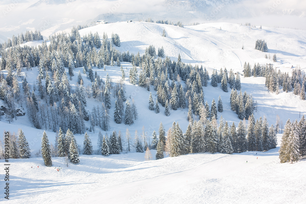 Scenery landscape in Austrian Apls in ski areal, winter snow landscape in beautiful mountains Scenery landscape in Austrian Apls in ski areal, winter snow landscape in beautiful mountains