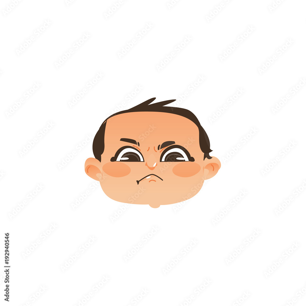 Comic style angry baby face, head twisted mouth, flat vector illustration isolated on white background. Flat, comic style angry baby boy head, face, negative emotion
