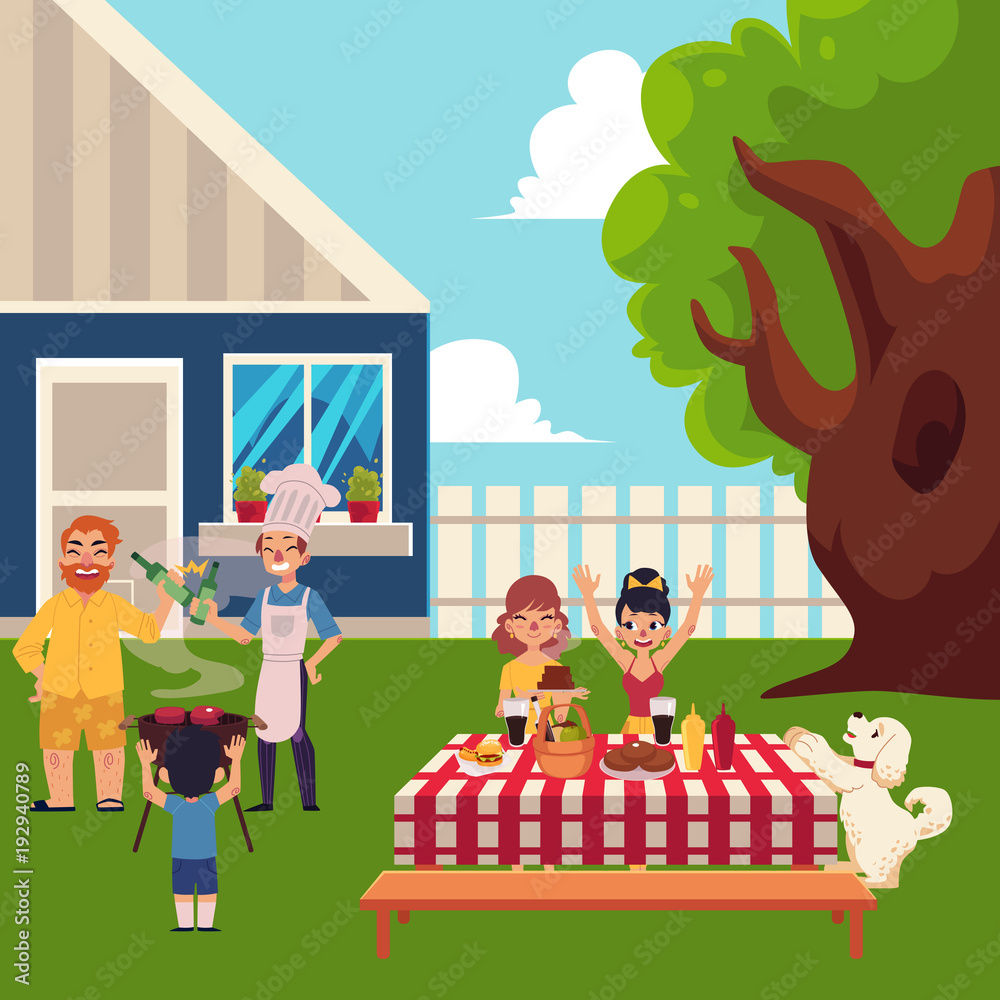 Family having BBQ, barbeque in the yard, cooking meat, laying table, having  fun, cartoon vector illustration. Happy family having BBQ picnic outside of  the house, laying table, cooking meat Stock Vector |