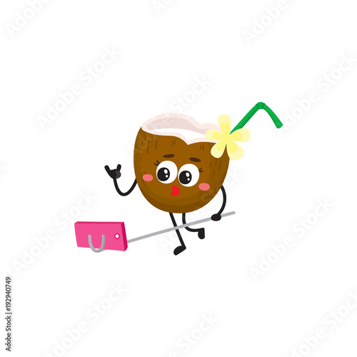 Funny coconut character with human face making selfie with monopod and smartphone, cartoon vector illustration isolated on white background. Cartoon coconut cocktail character making selfie