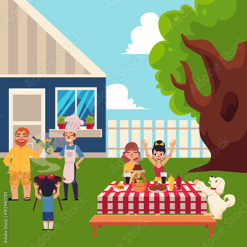 Family having BBQ, barbeque in the yard, cooking meat, laying table, having fun, cartoon vector illustration. Happy family having BBQ picnic outside of the house, laying table, cooking meat