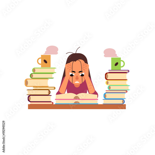 Vector flat exhausted tired angry girl student or worker sitting at table with books pile and coffee cup. Overwork or studying exams concept. Education and stress concept. Isolated illustration