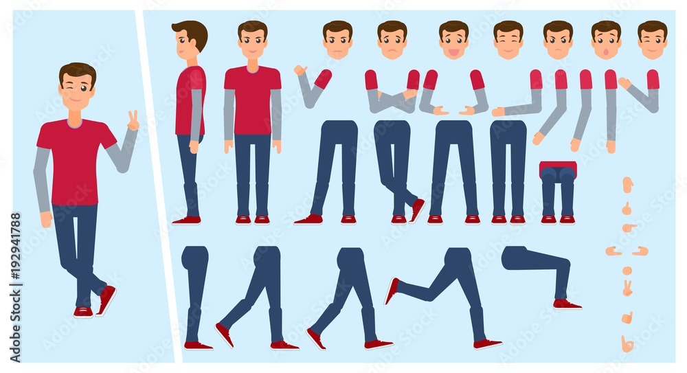 Young man, boy, student creation set with choice of poses, gestures, emotions, flat cartoon vector illustration. Animation ready creation set of young man portrait with changeable face, legs, arms Young man, boy, student creation set with choice of poses, gestures, emotions, flat cartoon vector illustration. Animation ready creation set of young man portrait with changeable face, legs, arms