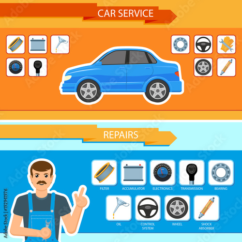 Vector flat car repair, maintenance, mechanics services infographic posters banners set with car spare parts - brakes, wheel, tyre, oil change, battery charge. Illustration on colored background.