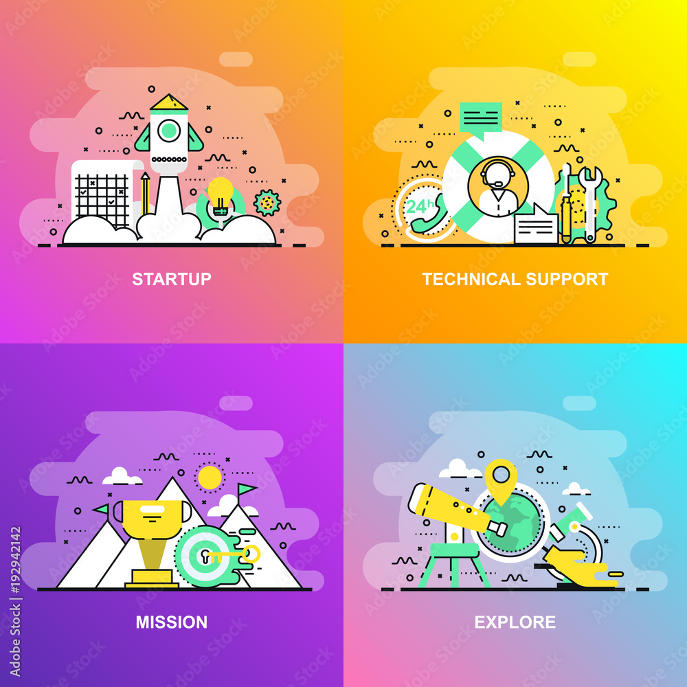 Fototapeta premium Modern smooth gradient flat line concept web banner of Technical Support, Mission, Explore and Startup. Conceptual vector illustration for web design, marketing, and graphic design.