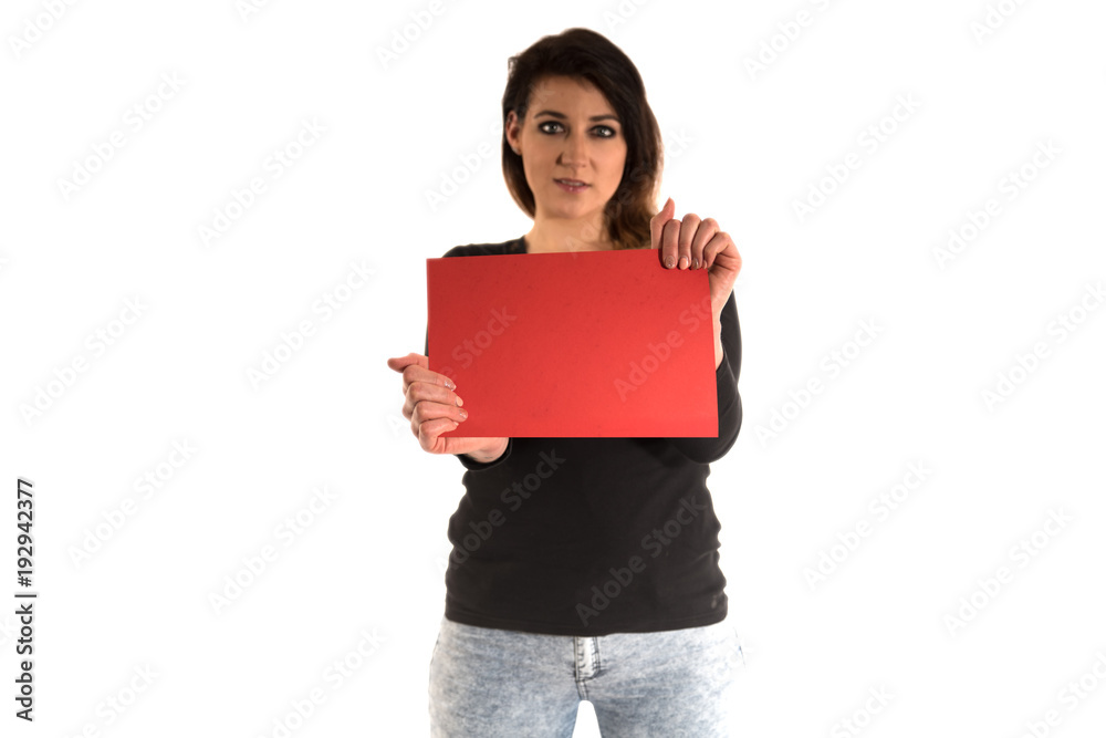 woman holding a blank page into camera - isolated on white woman holding a blank page into camera - isolated on white