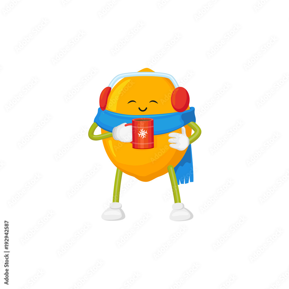 Funny cute lemon character in winter clothes drinking hot tea, cartoon ...
