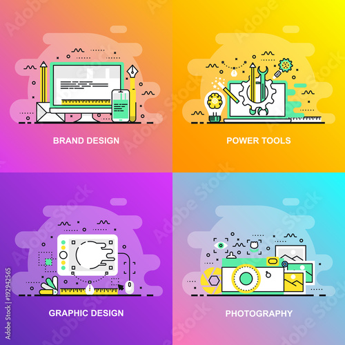Modern smooth gradient flat line concept web banner of Photography, Graphic Design, Power Tools and Brand Design. Conceptual vector illustration for web design, marketing, and graphic design.