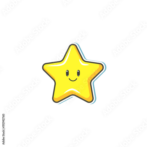 Vector cartoon yellow star with face smiling. Children shiny sticker  funny decoration for kids design. Isolated illustration on a white background