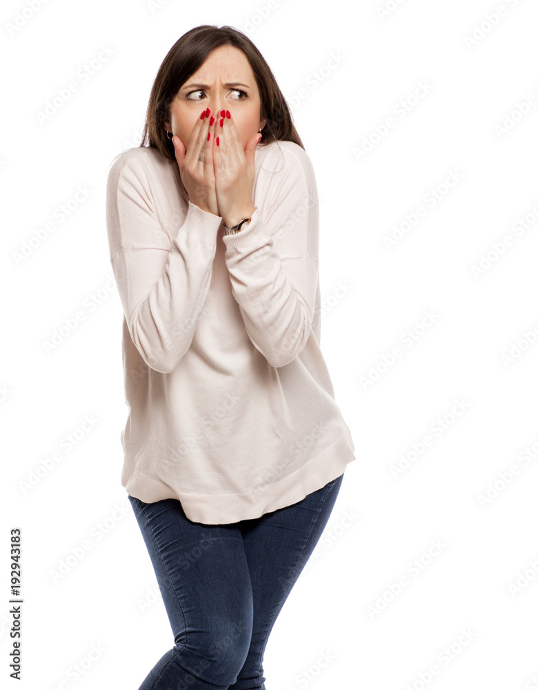 ashamed young woman need a toilet on white background ashamed young woman need a toilet on white background