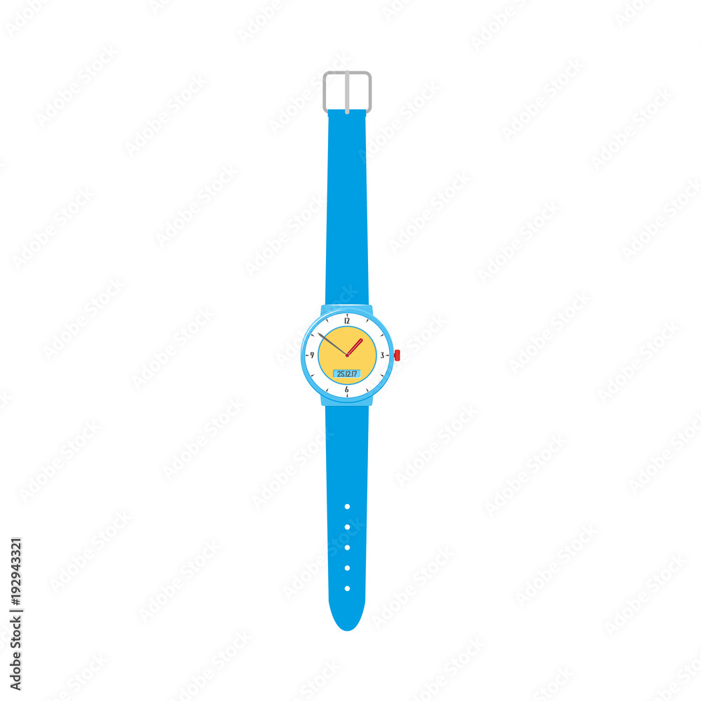 Unfastened mechanical wristwatch, wrist watch with blue plastic wristband, flat vector illustration isolated on white background. Modern mechanical analog wristwatch wrist watch with plastic wristband Unfastened mechanical wristwatch, wrist watch with blue plastic wristband, flat vector illustration isolated on white background. Modern mechanical analog wristwatch wrist watch with plastic wristband