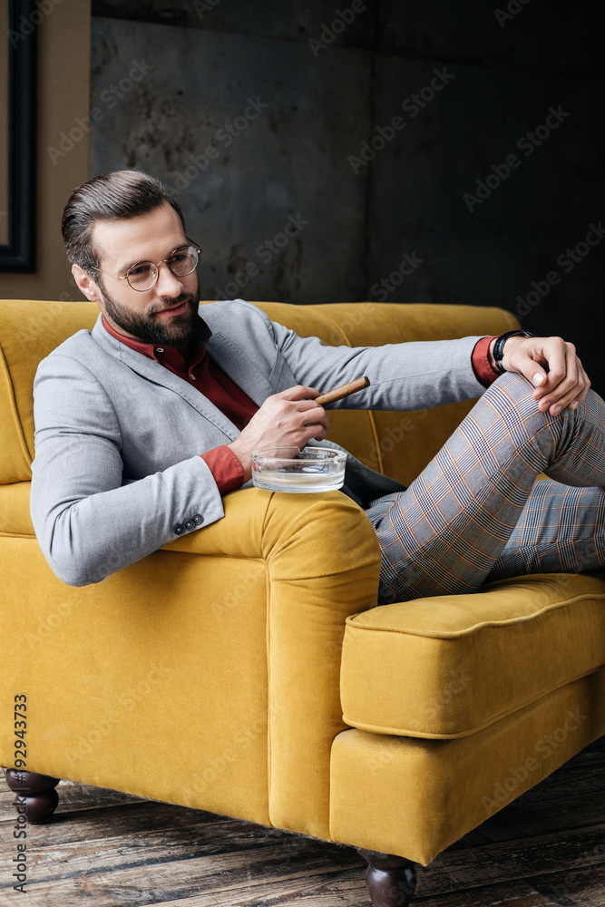 stylish handsome man with cigar and ashtray sitting on couch stylish handsome man with cigar and ashtray sitting on couch