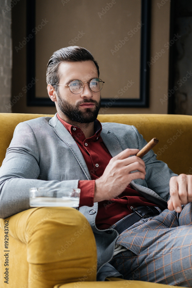 stylish man with cigar and ashtray sitting on couch