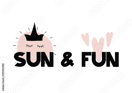 Card with cartoon lettering sun and fun. Vector illustration
