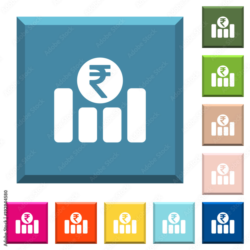 Indian Rupee financial graph white icons on edged square buttons Indian Rupee financial graph white icons on edged square buttons