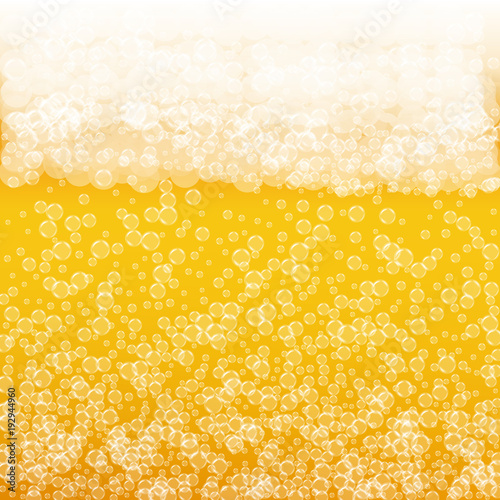 Beer background with realistic bubbles. Cool beverage for restaurant menu design, banners and flyers. Yellow square beer background with white frothy foam. Fresh cup of lager for brewery design.
