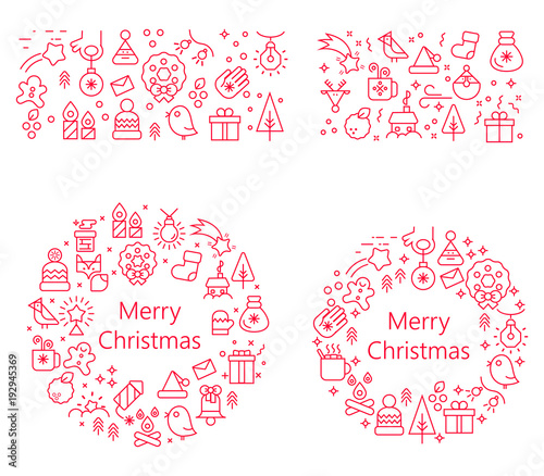 Vector concept with different Christmas and new year celebration elements. Christmas line icon set arrange in circle frame. Vector illustration for postcards, calendars, posters, prints, banners.