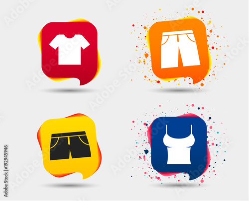 Clothes icons. T-shirt and pants with shorts signs. Swimming trunks symbol. Speech bubbles or chat symbols. Colored elements. Vector