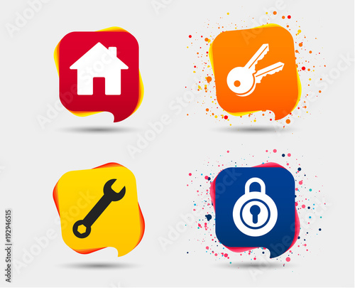 Home key icon. Wrench service tool symbol. Locker sign. Main page web navigation. Speech bubbles or chat symbols. Colored elements. Vector
