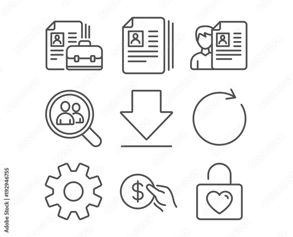 Set of Service, Synchronize and Payment icons. Cv documents, Downloading and Vacancy signs. Search employees, Job interview and Wedding locker symbols. Cogwheel gear. Refresh or update. Usd coin Set of Service, Synchronize and Payment icons. Cv documents, Downloading and Vacancy signs. Search employees, Job interview and Wedding locker symbols. Cogwheel gear. Refresh or update. Usd coin